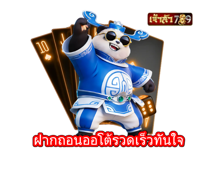 ตัวละครแพนด้าใส่ชุดจีนยืนหน้าการ์ดและลูกเต๋า บนพื้นหลังสีดำ สไตล์เกมสล็อต